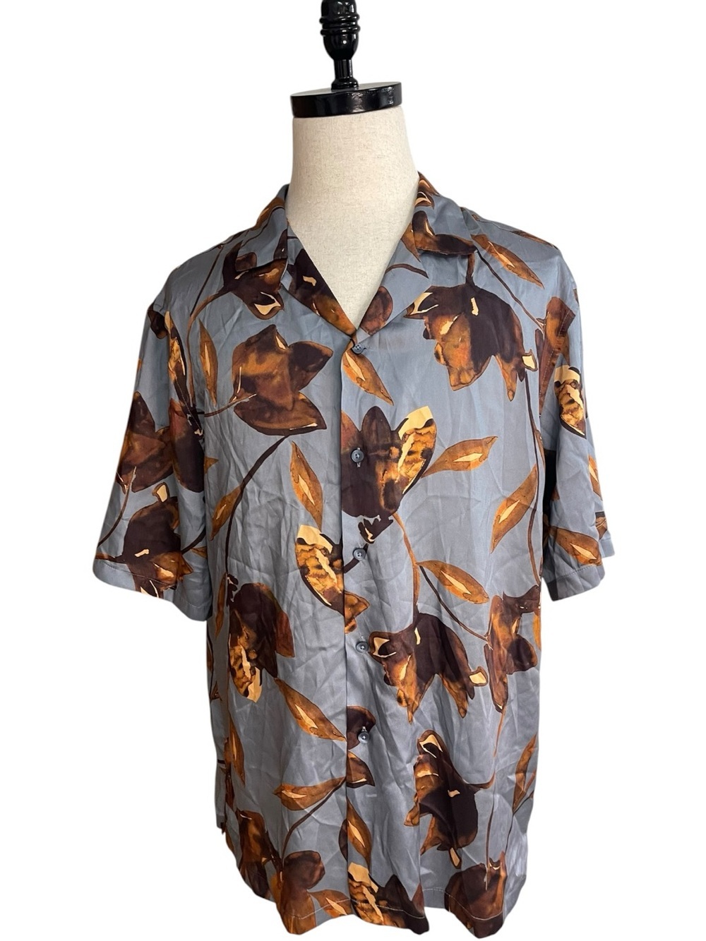Zara Man Leaf Print Satin Shirt Gray Blue